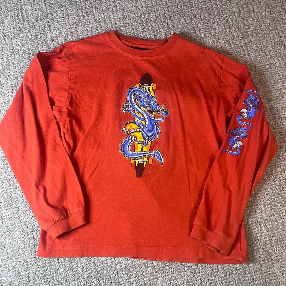 Vintage Skating Dragon Orange Long Sleeve Shirt BOYS L